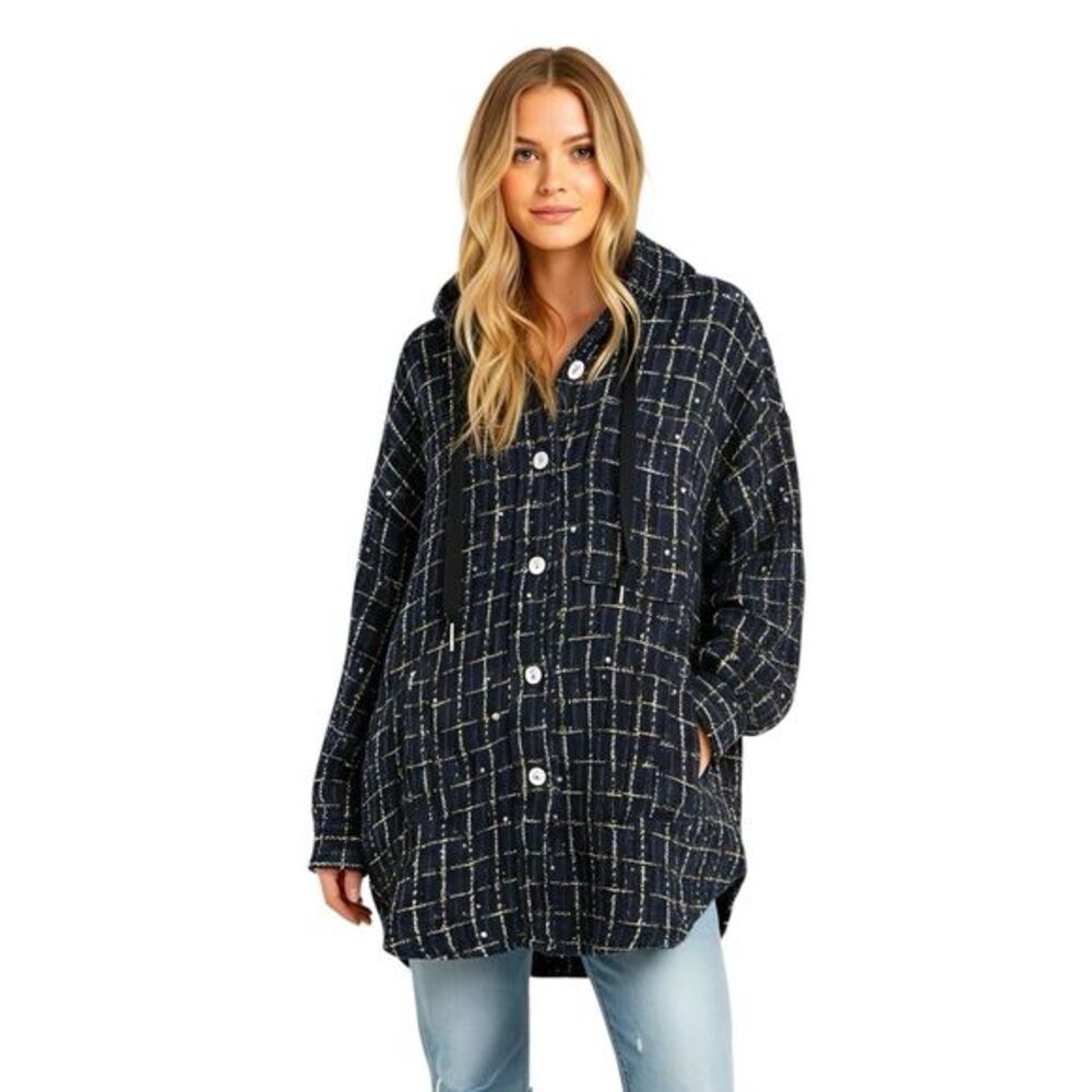 Duoline Blue Tweed Hooded Jacket Womens Plaid Button Boho Shacket Tweed Sz Small